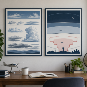 Illustrative cloud and airspace learning posters on a wall