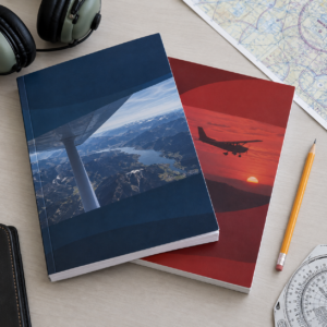 Illustrative aviation reference books beside a flight chart