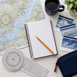 Illustrative pilot study materials with aeronautical chart, notebook and cloud cards
